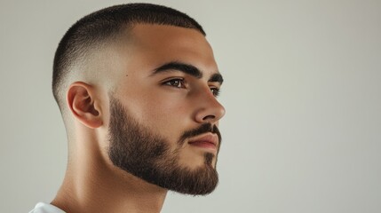Fototapeta premium Portrait of a man with a short crew cut and a trimmed beard, isolated on a white background, highlighting a clean and classic appearance.