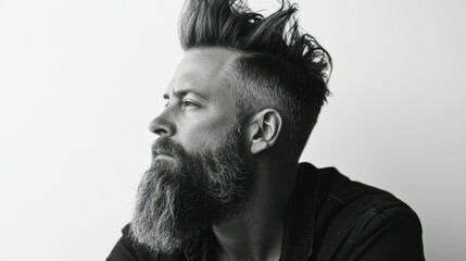 Portrait of a man with a quiff hairstyle and a long, tapered beard, isolated on a white background, radiating a sophisticated and trendy vibe.