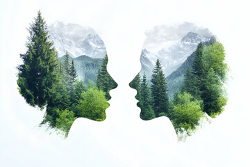 Profile silhouettes merge with mountain trees; conceptual nature stock image