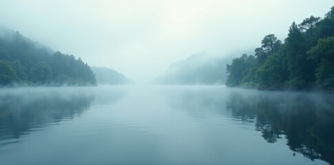 Fototapeta premium Cloudy whisper of mist on a serene lake surface, calm water, peaceful atmosphere