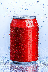 Red canned drink with water droplets on a blue background for an ad or summer use