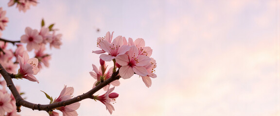 Obraz premium Elegant cherry blossom branch against pastel sky, urban tranquility