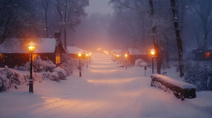 Winter midnight walk through a snow-covered village lit by vintage streetlights