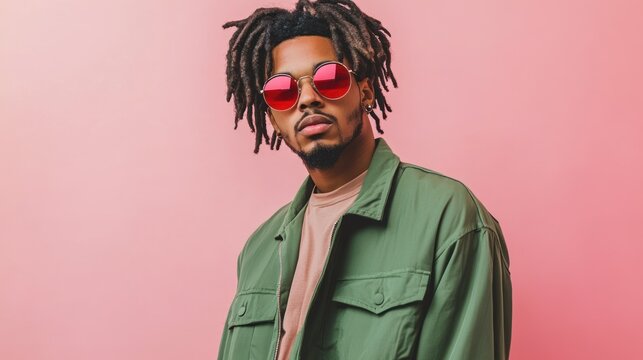 Portrait of a young man with thick dreadlocks tied back, wearing a green bomber jacket and red aviator sunglasses, isolated on a soft pink background, radiating a cool and urban style.
