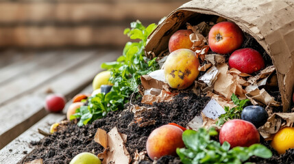Close up of compost heap with decomposed fruits and paper, showcasing organic waste. vibrant colors of fruits contrast with earthy tones