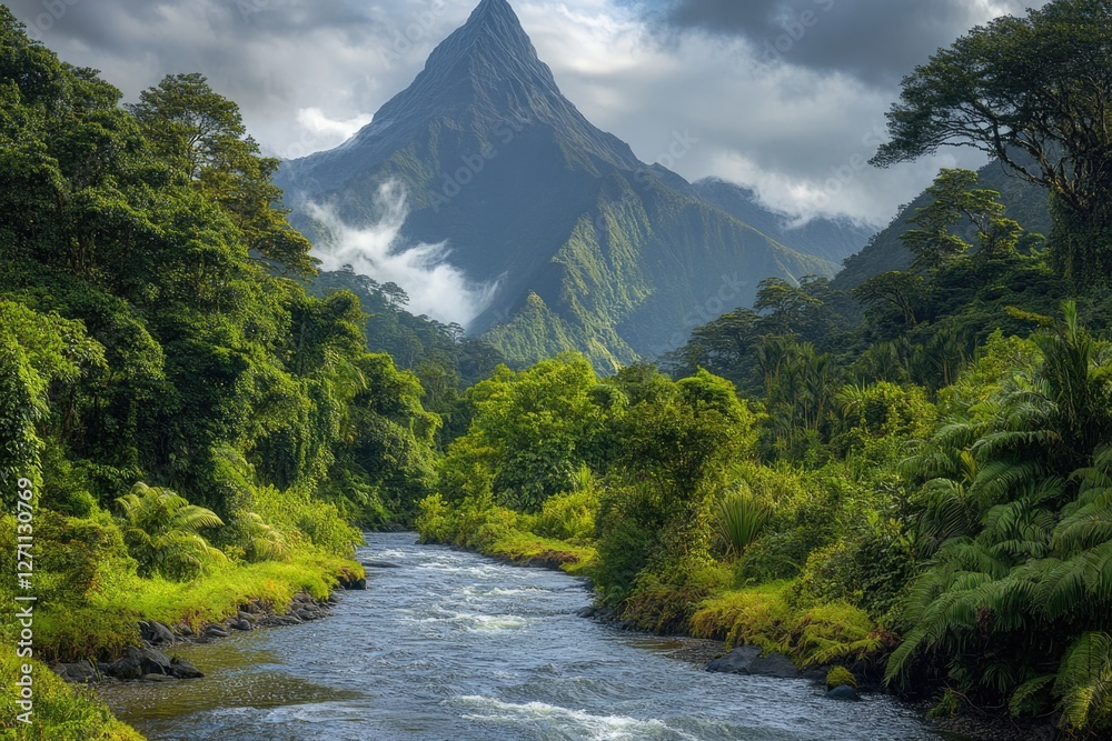 Poster a serene scene of a river meandering through a dense and lush green forest, perfect for use in natur
