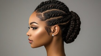 Side view of a Black woman with cornrow braids styled into an elegant updo, wearing natural makeup, standing in a studio with a neutral gray backdrop, showcasing healthy hair care.