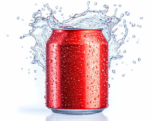 Refreshing red can splashes with water drops, isolated. Product mock-up