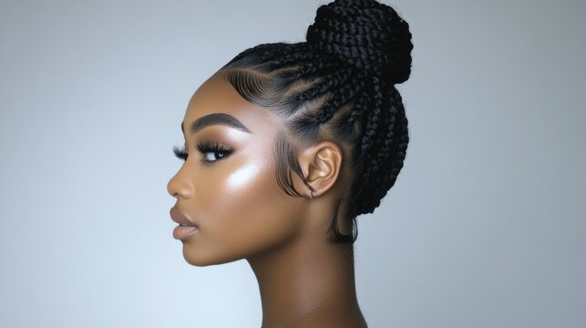 Side view of a Black woman with knotless braids styled into a high ponytail, wearing soft neutral makeup, set against a clean white studio background, highlighting maintenance-free hairstyles