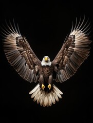 Fototapeta premium Majestic Eagle Wings Spread Wide - A powerful bald eagle with wings spread wide, symbolizing freedom, strength, vision, power, and majesty. Dark smoky background enhances its presence