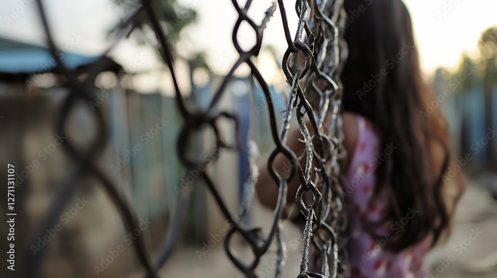 Poster a girl with long hair standing behind a chain link fence with a sense of longing and isolation : gen
