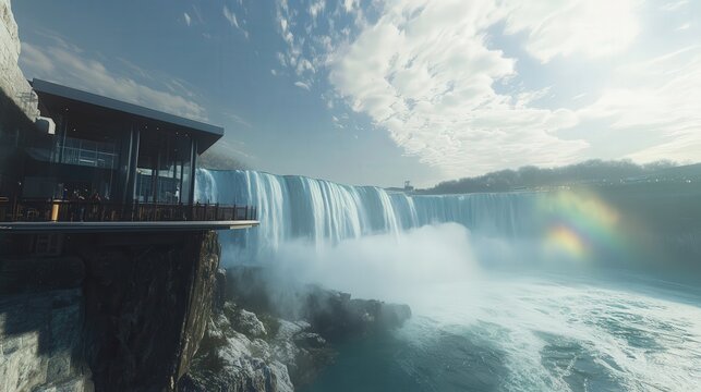 Niagara Falls, where the powerful water flow creates a misty rainbow spectacle.