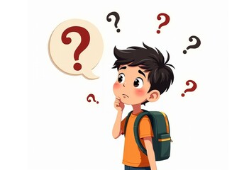 Worried Asian Boy's Education Anxiety: Illustration of a Thoughtful Elementary Student Surrounded by Question Marks, Representing Doubt, Confusion, and the Pressures of Learning.

