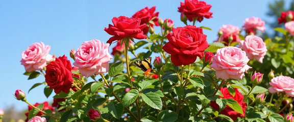 Vibrant rose bush blooming in garden with butterfly, nature's beauty