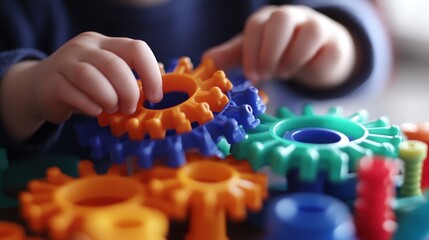 Toddler's hands playing with colorful plastic gears.