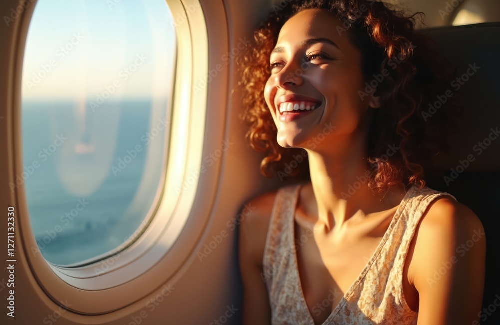 Fototapete Joyful woman sits by the window on airplane enjoying ocean. Young woman smiling and watching sunrise on plane. Air travel concept. Happy traveller on vacation flying in jet.