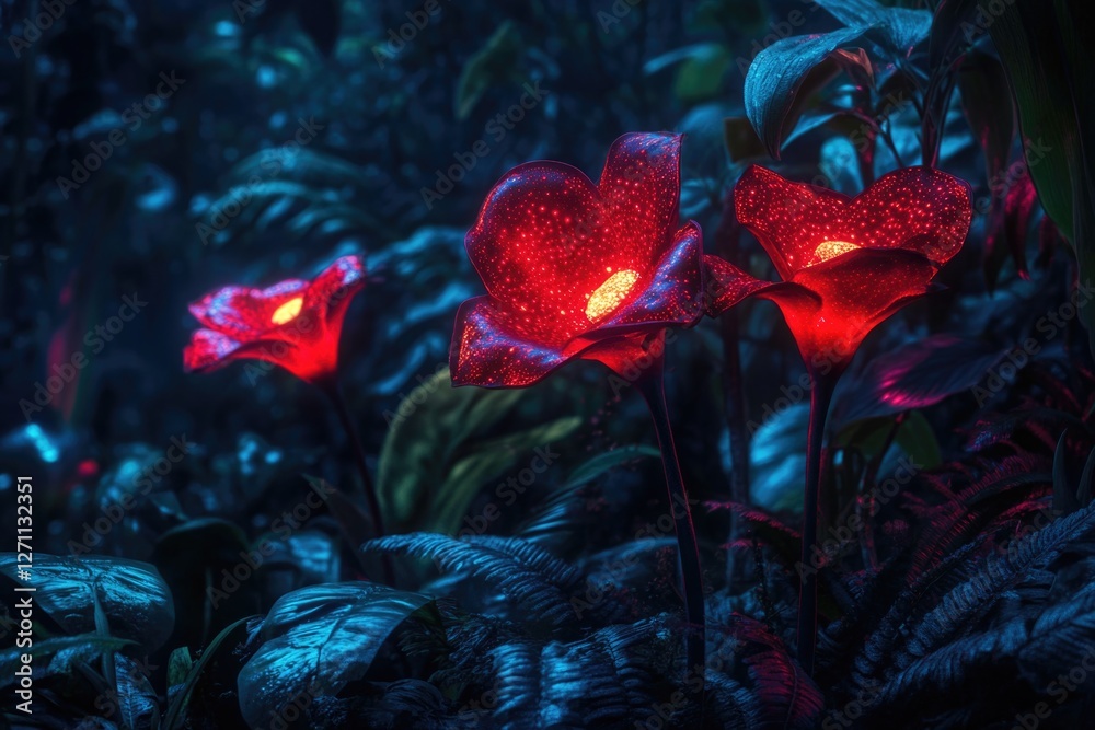 Poster A group of red flowers illuminated by an unknown light source in a dark environment