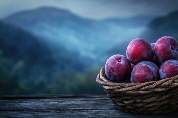 Juicy plums in rustic basket against a blurred mountain backdrop.