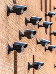 Security cameras on brick wall monitoring public safety for surveillance, usage background