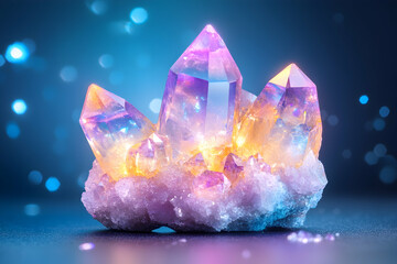 Obraz premium Shiny amethyst crystal, on table, is radiating light. Gem for healing background