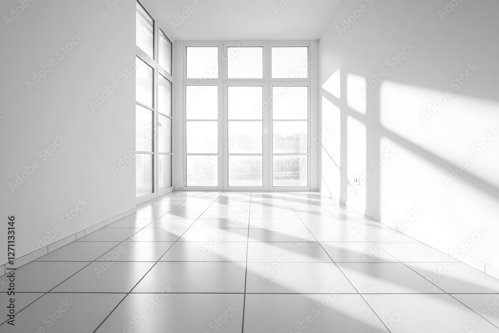 Poster A minimalist interior space with large windows and a tiled floor, suitable for decorating or architectural concepts