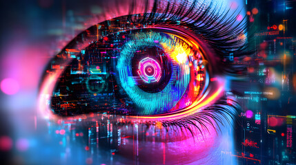 Futuristic digital eye concept high-tech environment visual art cyberpunk aesthetics close-up perspective modern innovation