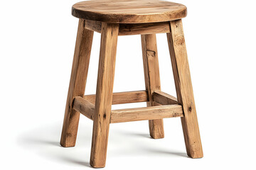 Simple wooden stool stands alone in a white room, used for seating or display