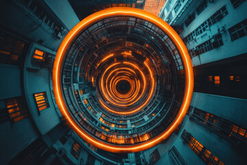 Futuristic Cylindrical Building with Orange Light Rings