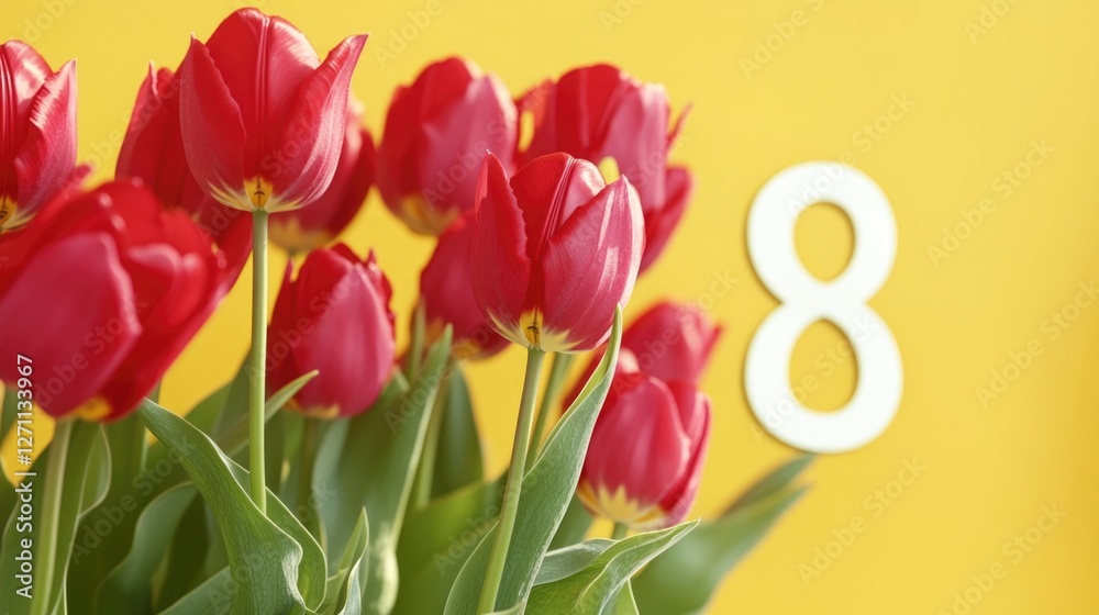 Poster a still life of red tulips arranged in a vase next to the number 8, suitable for use in home decor o