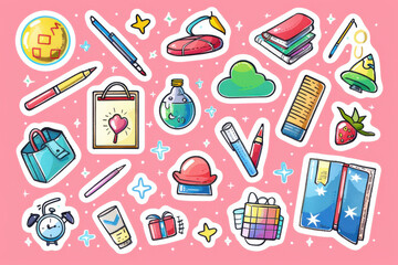 Collection of colorful school-themed stickers featuring supplies, books, and objects, ideal for children’s projects and decoration.