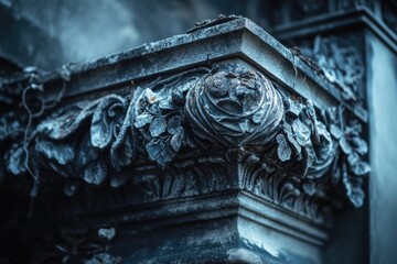 Naklejka premium Close-up of weathered stone carving, intricate details of floral and possibly lion motifs showcase age and artistry.