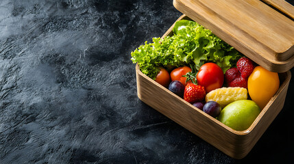 School lunch box with full meal top view with copy space 