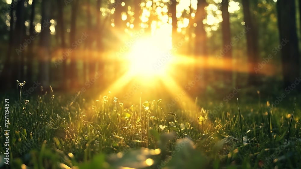 Fototapete golden sunlight streaming through trees creating a magical forest atmosphere : generative ai