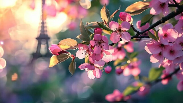 Eiffel Tower against the background of blooming flowers. Selective focus. Nature.