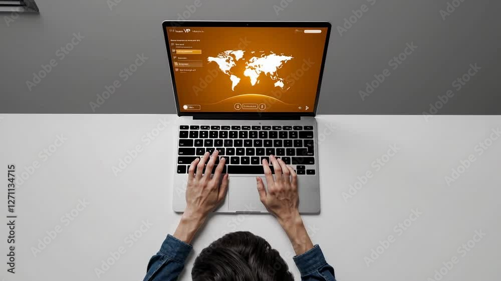 Aufkleber Programmer working on laptop with global network interface, capturing world map visualization from top view with slow motion precision and professional workflow