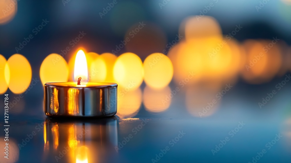 Leinwandbilder Single glowing candle with flickering flame illuminating soft bokeh background during evening light : Generative AI