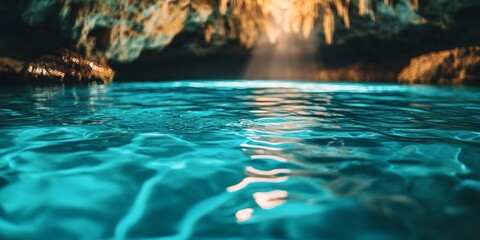 Sunbeams illuminating turquoise water surface in cenote, mexico