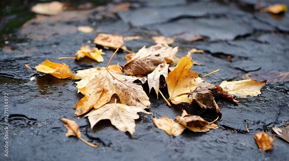 Poster fallen autumn leaves scattered on wet pavement after rain creating vibrant natural artwork : generat
