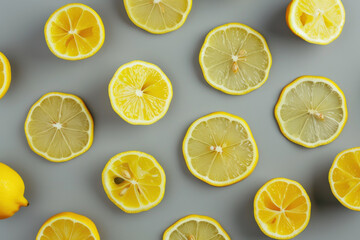 A vibrant, flat-lay composition of sliced lemons arranged on a gray background, showcasing freshness and simplicity.