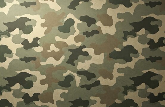 Camouflage pattern cloth texture. Army military camo background concept. Green, khaki, brown colors. Defense uniform fabric. Abstract clothing design. Wallpaper for war, hunting or paintball themes.