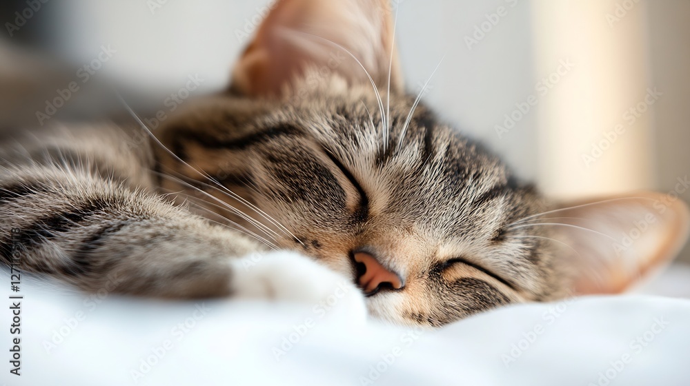 Poster adorable sleeping tabby cat resting peacefully in a cozy environment with soft lighting : generative