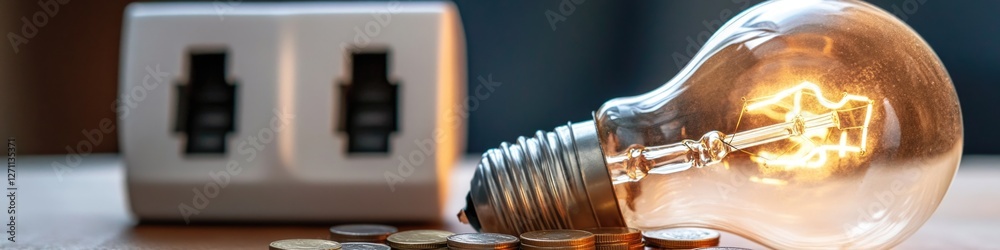 Poster a single light bulb sitting on top of a pile of coins, ideal for use in financial or educational con