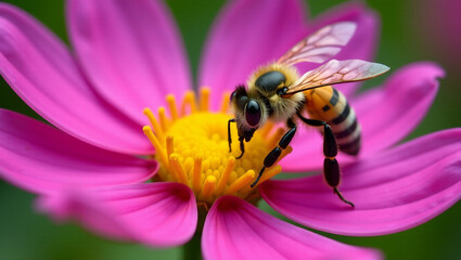 A close-up of a bee pollinating a vibrant flower, highlighting the importance of biodiversity.