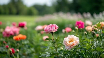 Vibrant Flower Garden Filled with Colorful Roses and Green Foliage : Generative AI