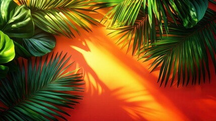 Tropical leaves, sunlight, shadows, orange background