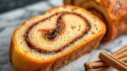 Fototapeta premium Delicious cinnamon roll slices showing filling on marble surface