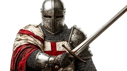 Noble templar knight in shining armor holding longsword with red cross decoration on isolated background, medieval crusader warrior illustration, historical