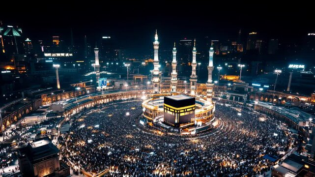 Majestic Night View of the Holy Kaaba, Masjid al-Haram. A breathtaking spiritual scene, illuminated under the starlit sky. The sacred Kaaba, center of Islam, glows with divine light. A powerful image 