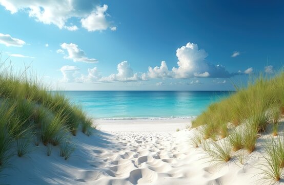 White sand beach way to turquoise ocean water with blue sky and clouds. Dune grass on seaside with coast landscape. Summer vacation at tropical sea shore. Seascape background for travel destination.