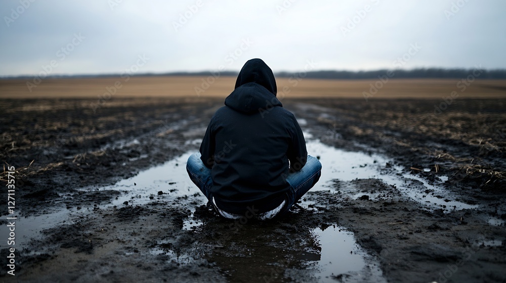 Poster person in hoodie sitting in muddy field reflecting on a cloudy day with a somber atmosphere : genera